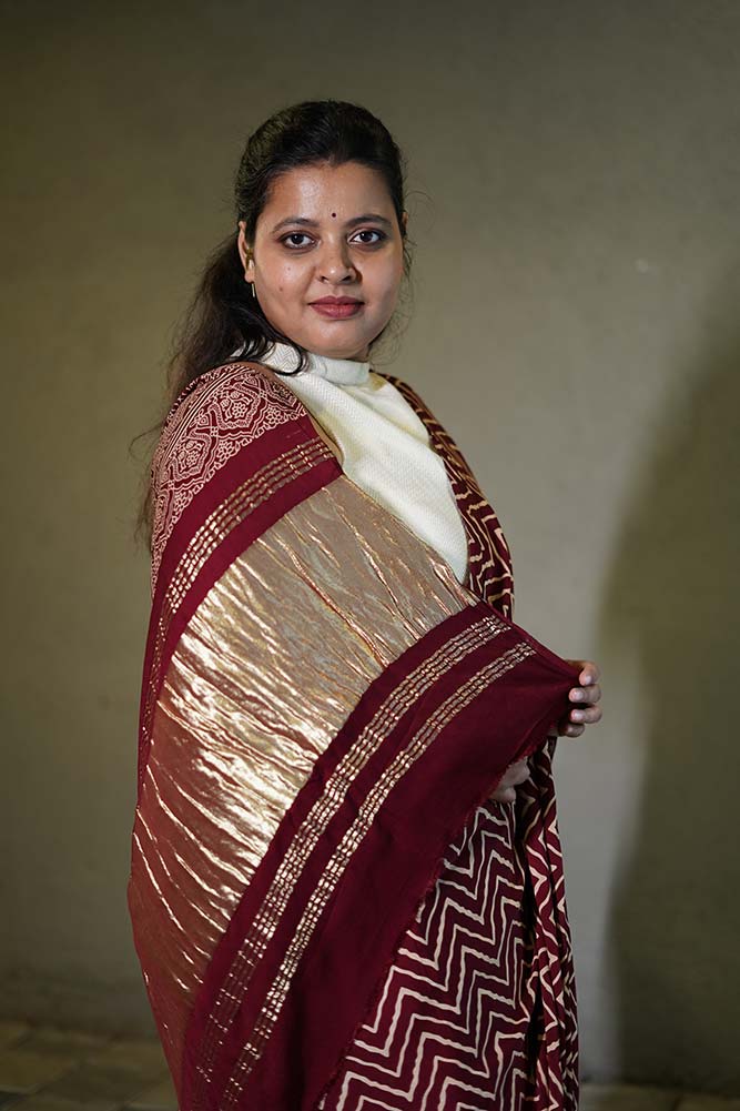 Dark Maroon Gajji Silk Lehriya Ajrakh Lagadi pallu