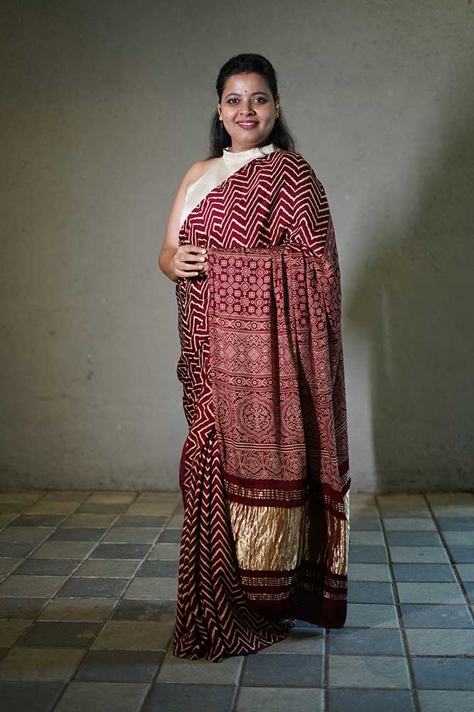 Dark Maroon Gajji Silk Lehriya Ajrakh Lagadi pallu