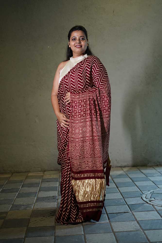 Dark Maroon Gajji Silk Lehriya Ajrakh Lagadi pallu