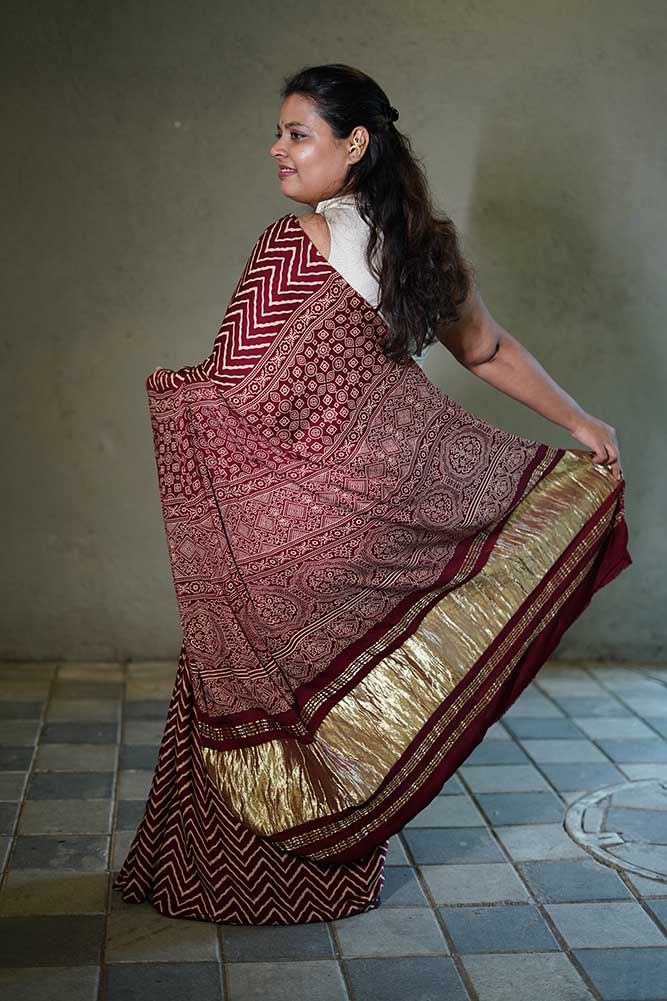 Dark Maroon Gajji Silk Lehriya Ajrakh Lagadi pallu