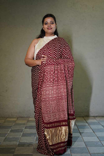 Dark Maroon Gajji Silk Lehriya Ajrakh Lagadi pallu