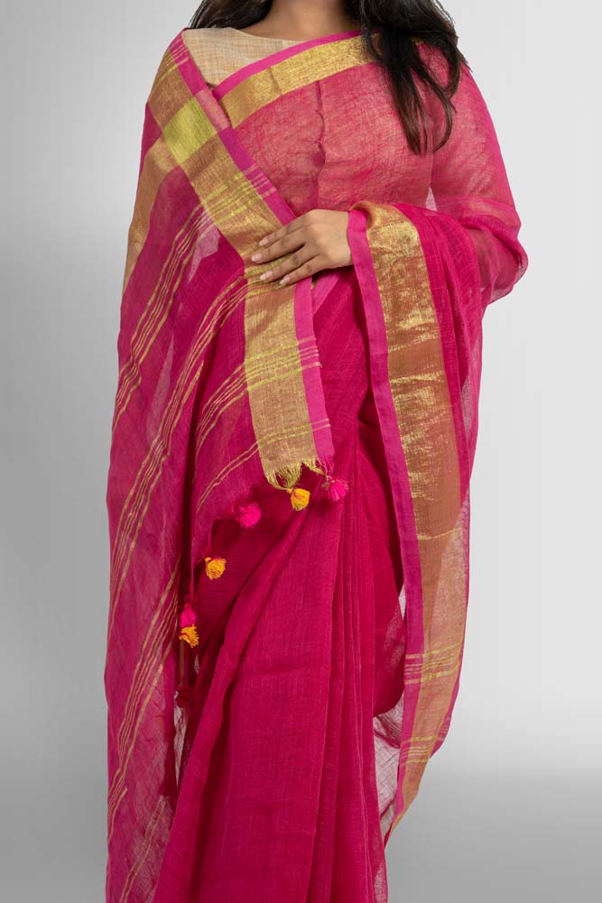 Dark Pink Plain Handloom Linen Saree with Gold Zari Saree