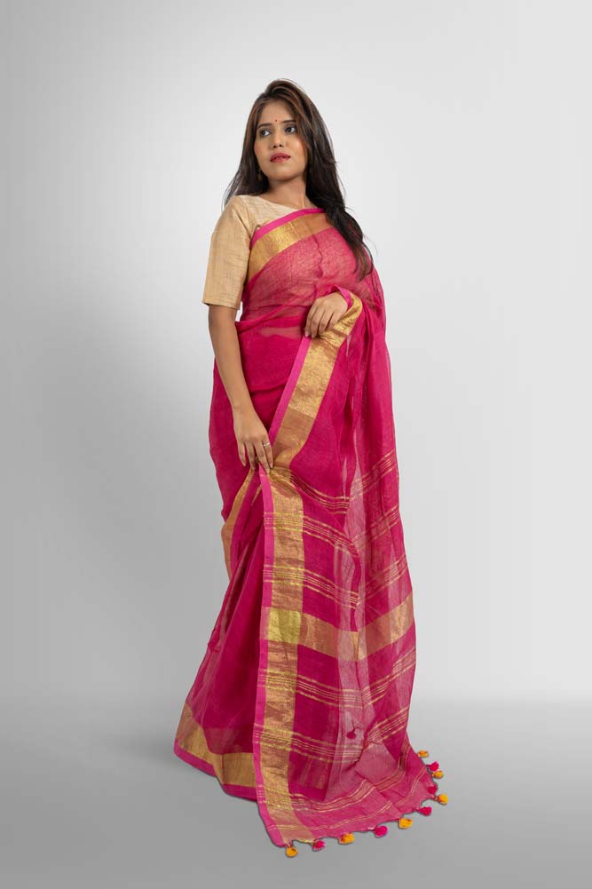 Dark Pink Plain Handloom Linen Saree with Gold Zari Saree