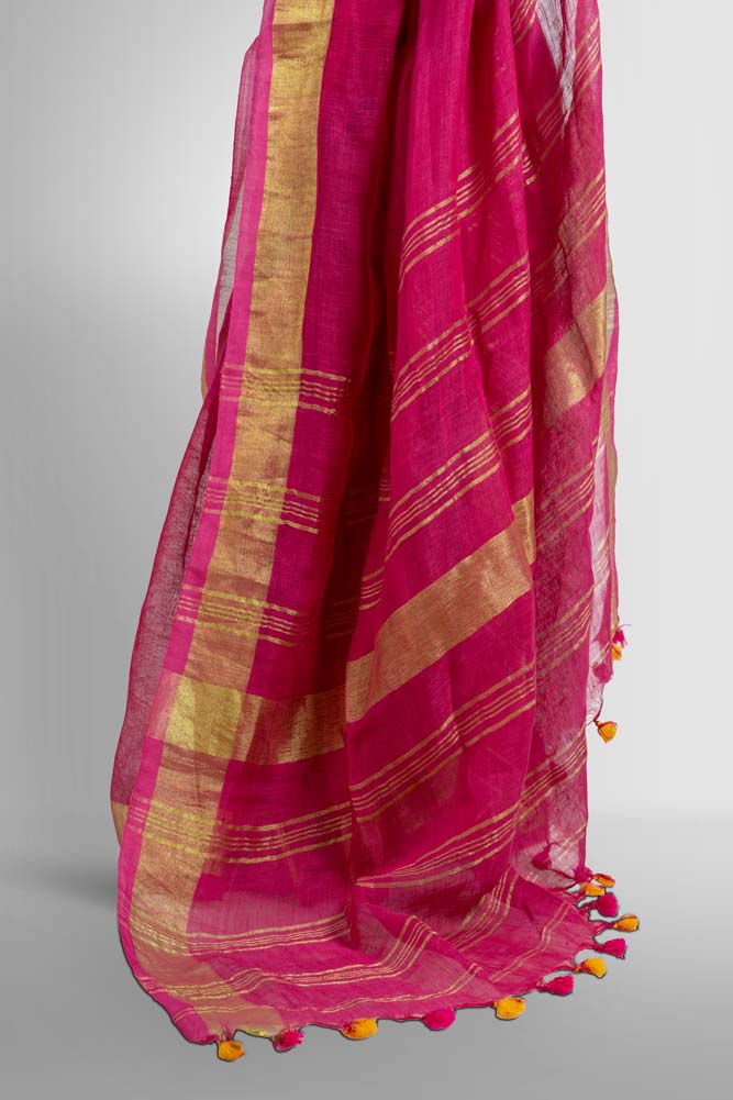 Dark Pink Plain Handloom Linen Saree with Gold Zari Saree
