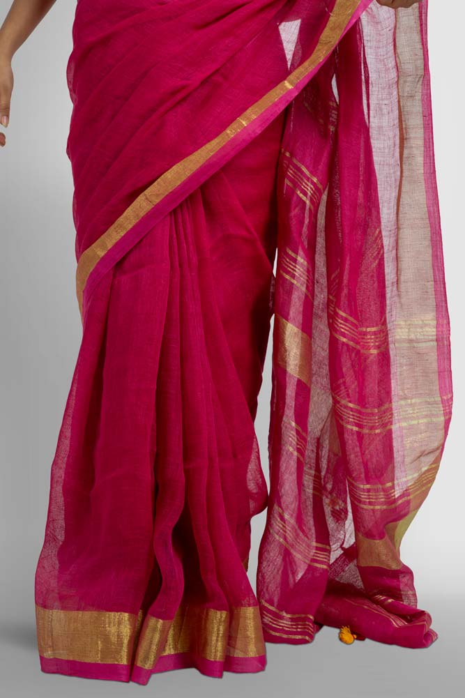 Dark Pink Plain Handloom Linen Saree with Gold Zari Saree