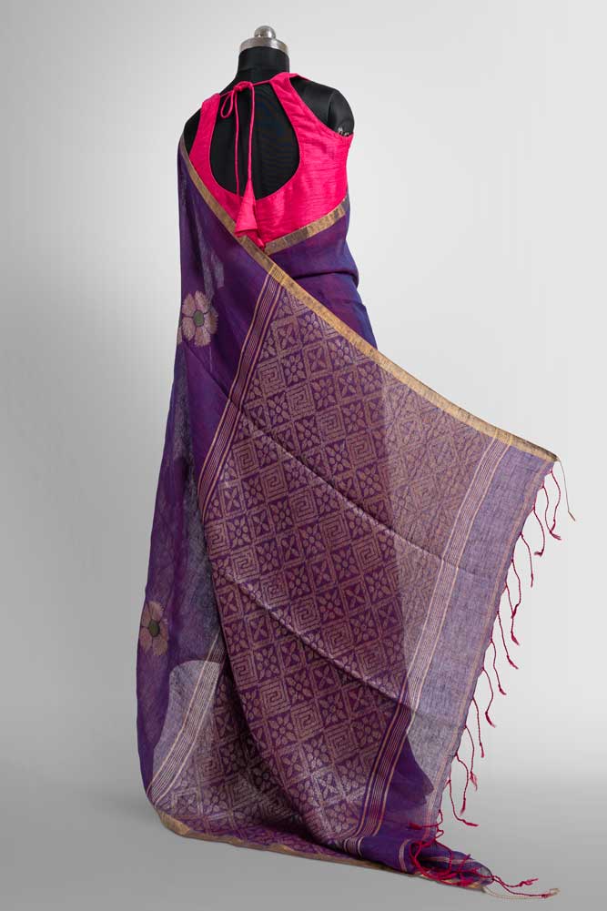 Dark Purple Handloom Linen Saree with Banarasi Work Pallu