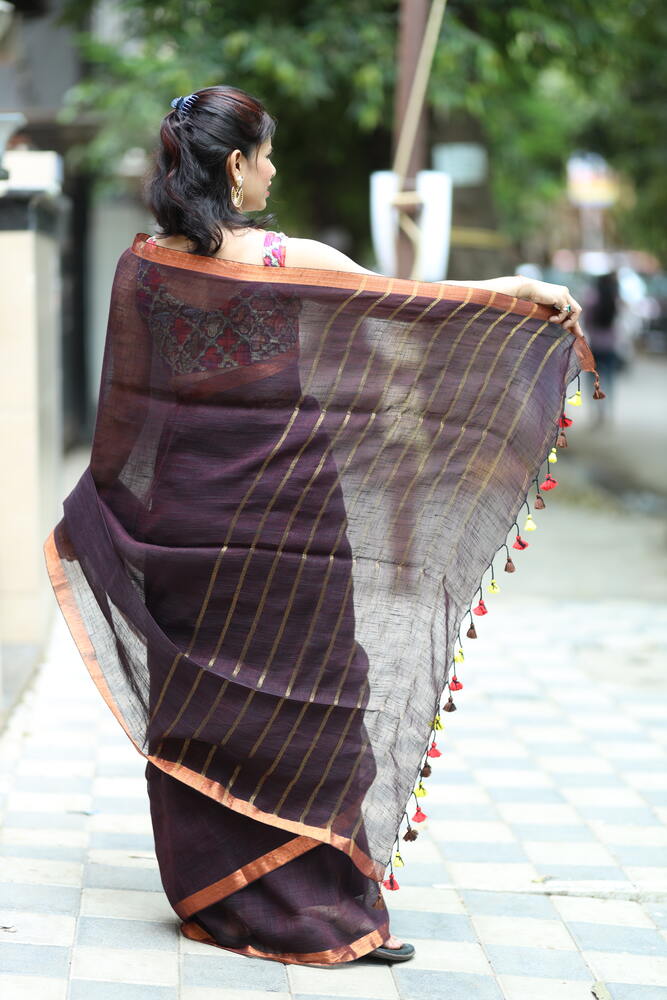 Dark Brown Copper Pallu Handloom Linen Saree