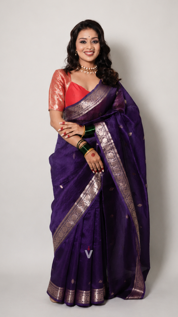 Dark Purple Kora Silk Kadwa Sona Roopa Banarasi Saree with intricate zari border