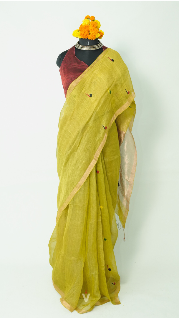 Lime Green Handloom Silk Linen Jamdani Saree