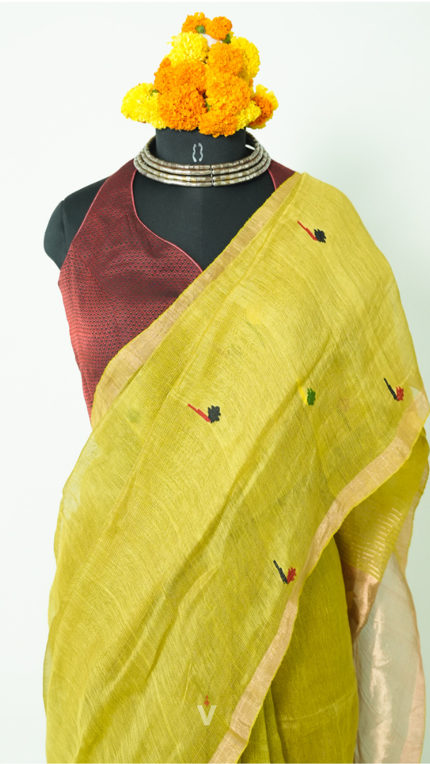 Lime Green Handloom Silk Linen Jamdani Saree