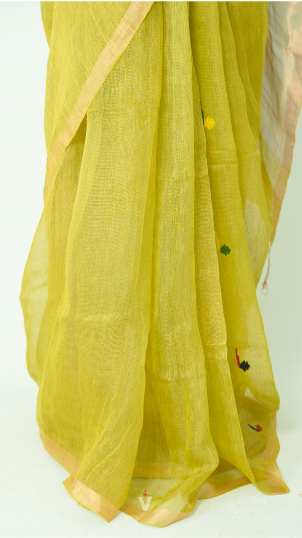 Lime Green Handloom Silk Linen Jamdani Saree