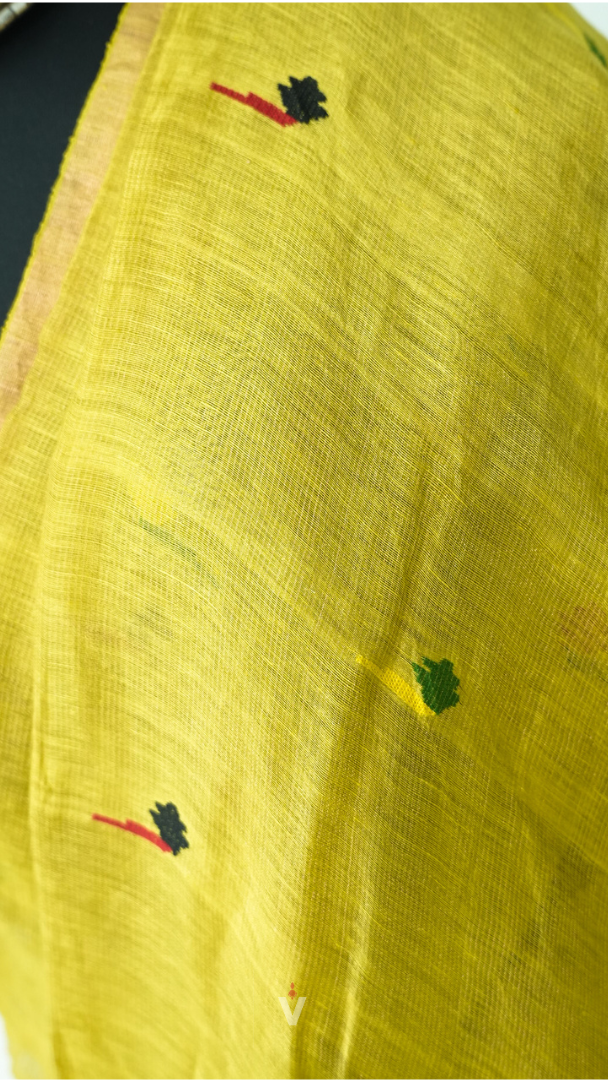 Lime Green Handloom Silk Linen Jamdani Saree