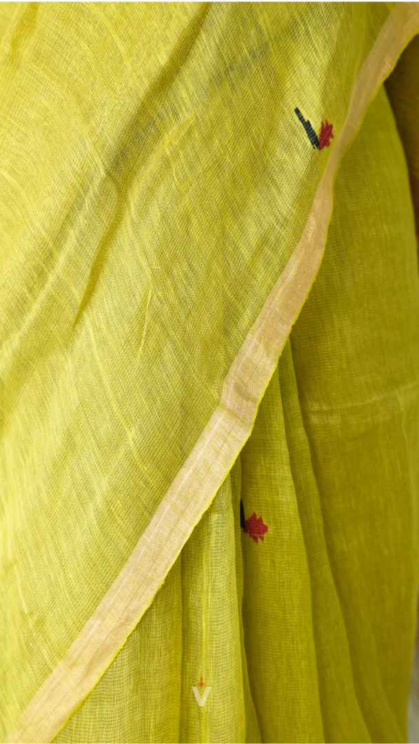 Lime Green Handloom Silk Linen Jamdani Saree