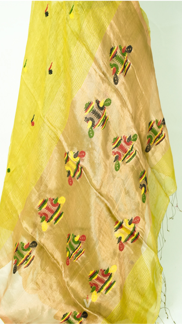 Lime Handloom Silk Linen Peacock Paithani Pallu Saree
