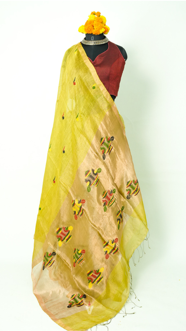Lime Green Handloom Silk Linen Jamdani Saree