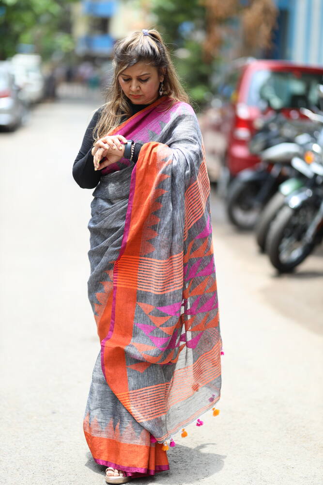 Grey with Pink & Orange border Temple work Handloom Linen Saree