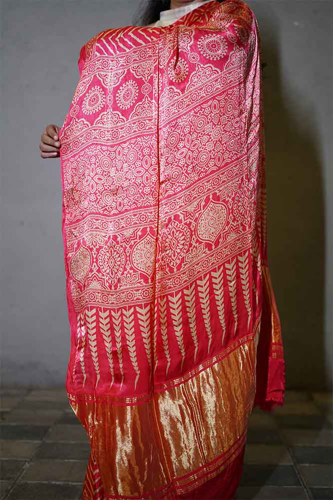 Pink Gajji Silk Lehriya Ajrakh Lagadi pallu