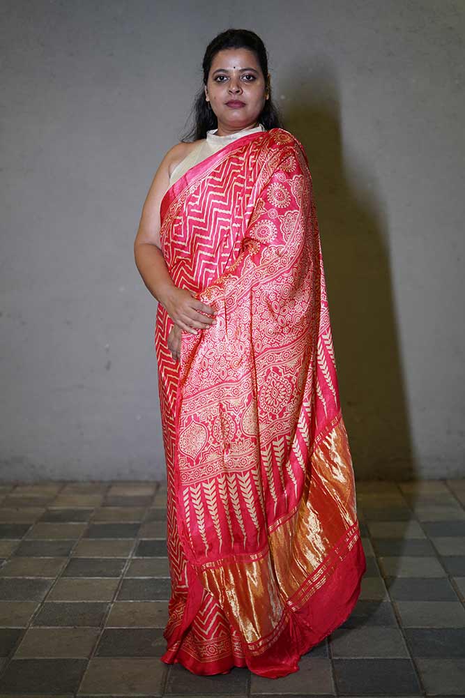 Pink Gajji Silk Lehriya Ajrakh Lagadi pallu