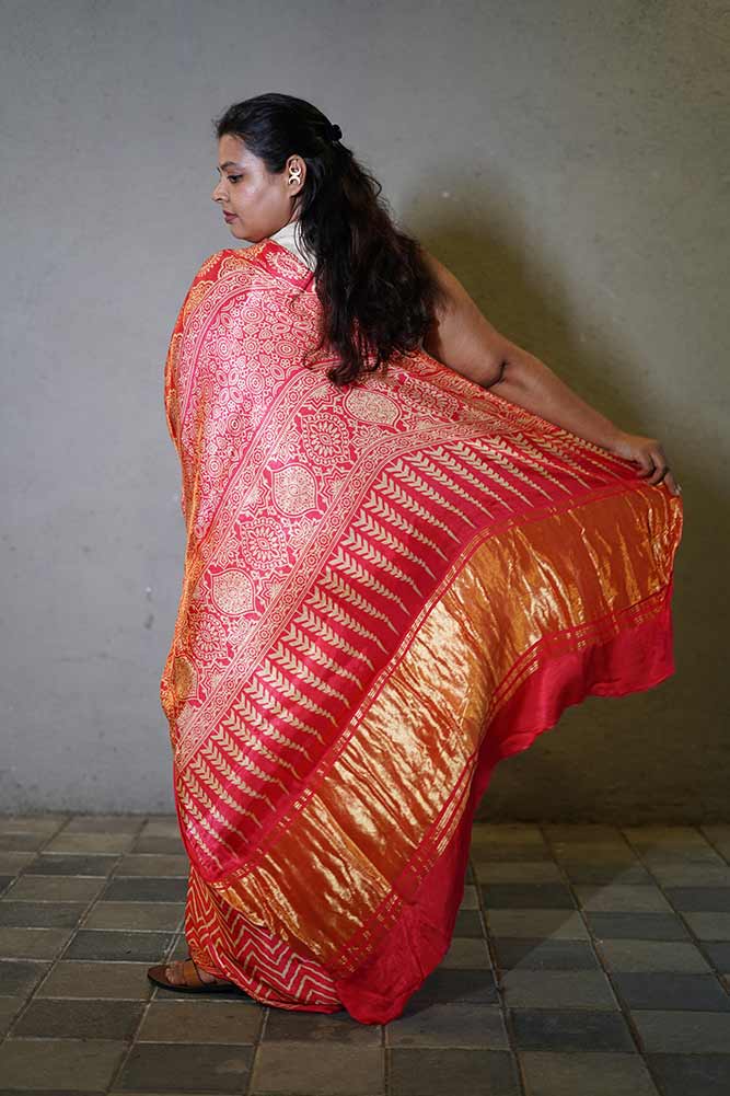 Pink Gajji Silk Lehriya Ajrakh Lagadi pallu