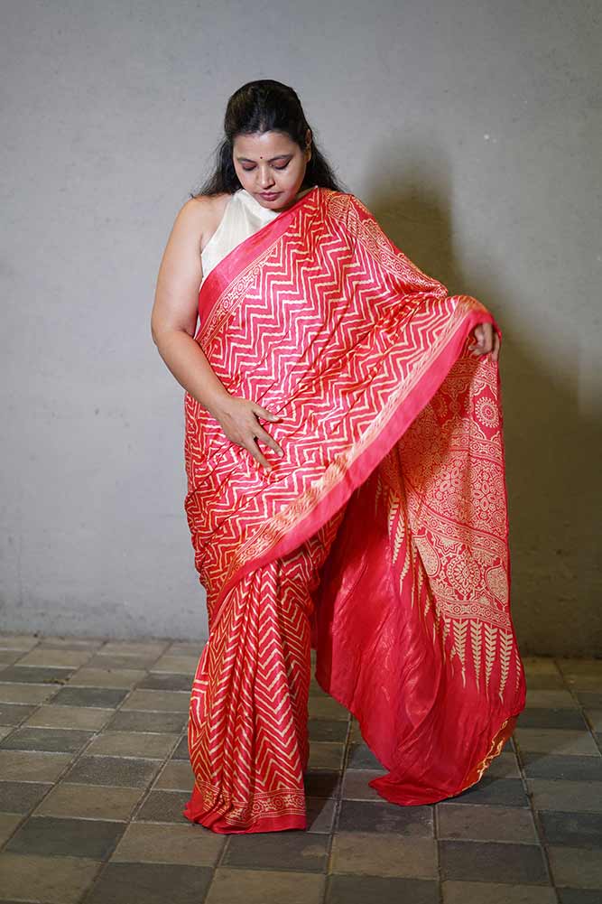 Pink Gajji Silk Lehriya Ajrakh Lagadi pallu