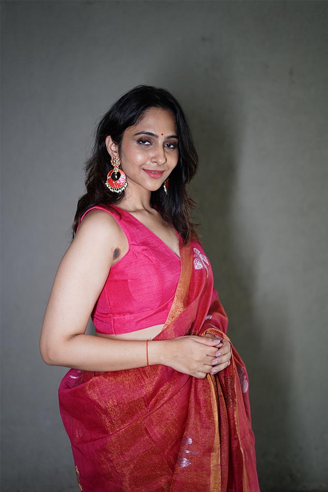 Hot Pink Jamdani Tissue Linen Sarees