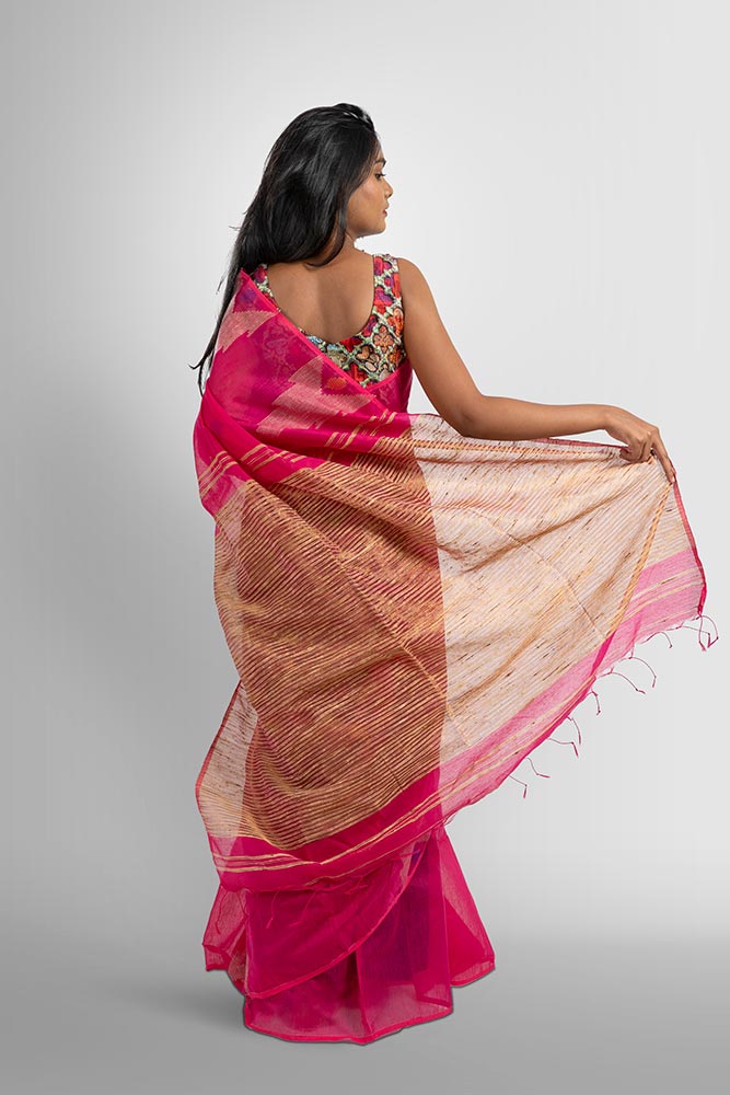 Hot Pink with Temple work Zari-strip Pallu Handloom Cotton