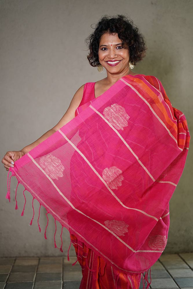 Hot Pink Handloom Linen Stripes with Jute Rose Saree