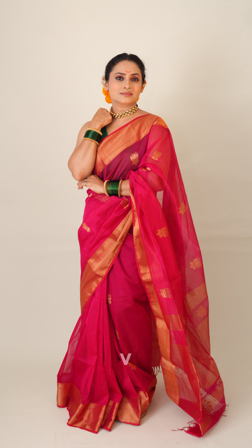 Hot Pink Handloom Maheshwari Saree with big lotus buttis, zari border and rich zari pallu