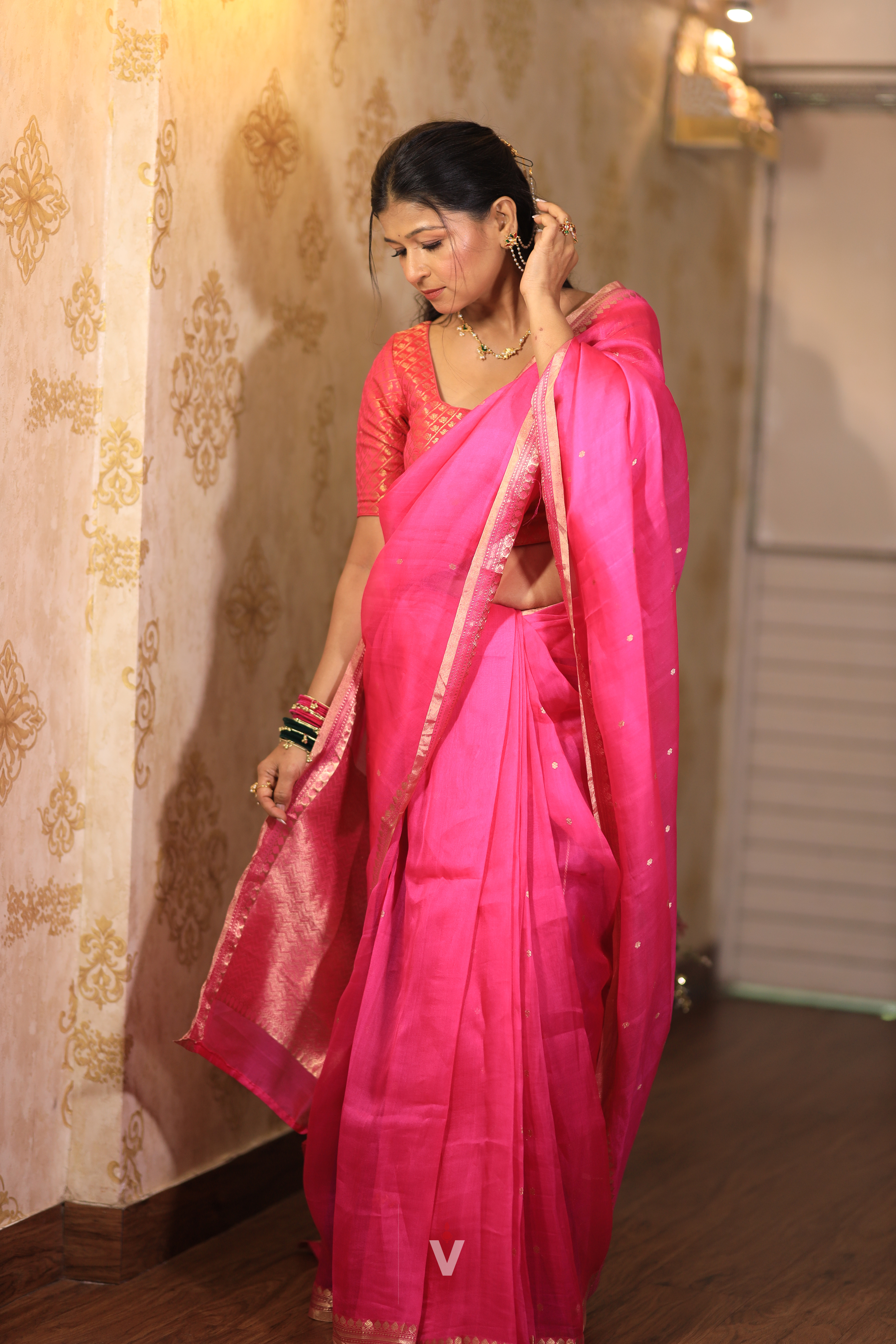 Traditional Hot Pink Kora Silk Handloom Banarasi Saree with timeless zari craftsmanship by Vishmi