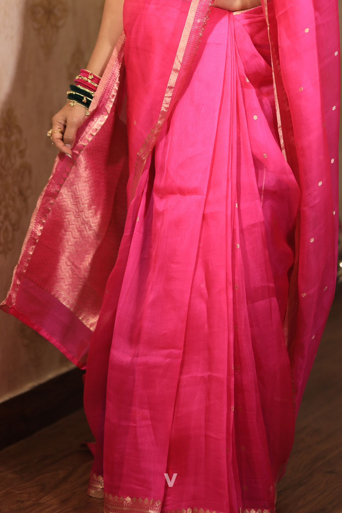 Hot Pink Kora Silk Handloom Banarasi Saree with elegant gold zari butti and small border