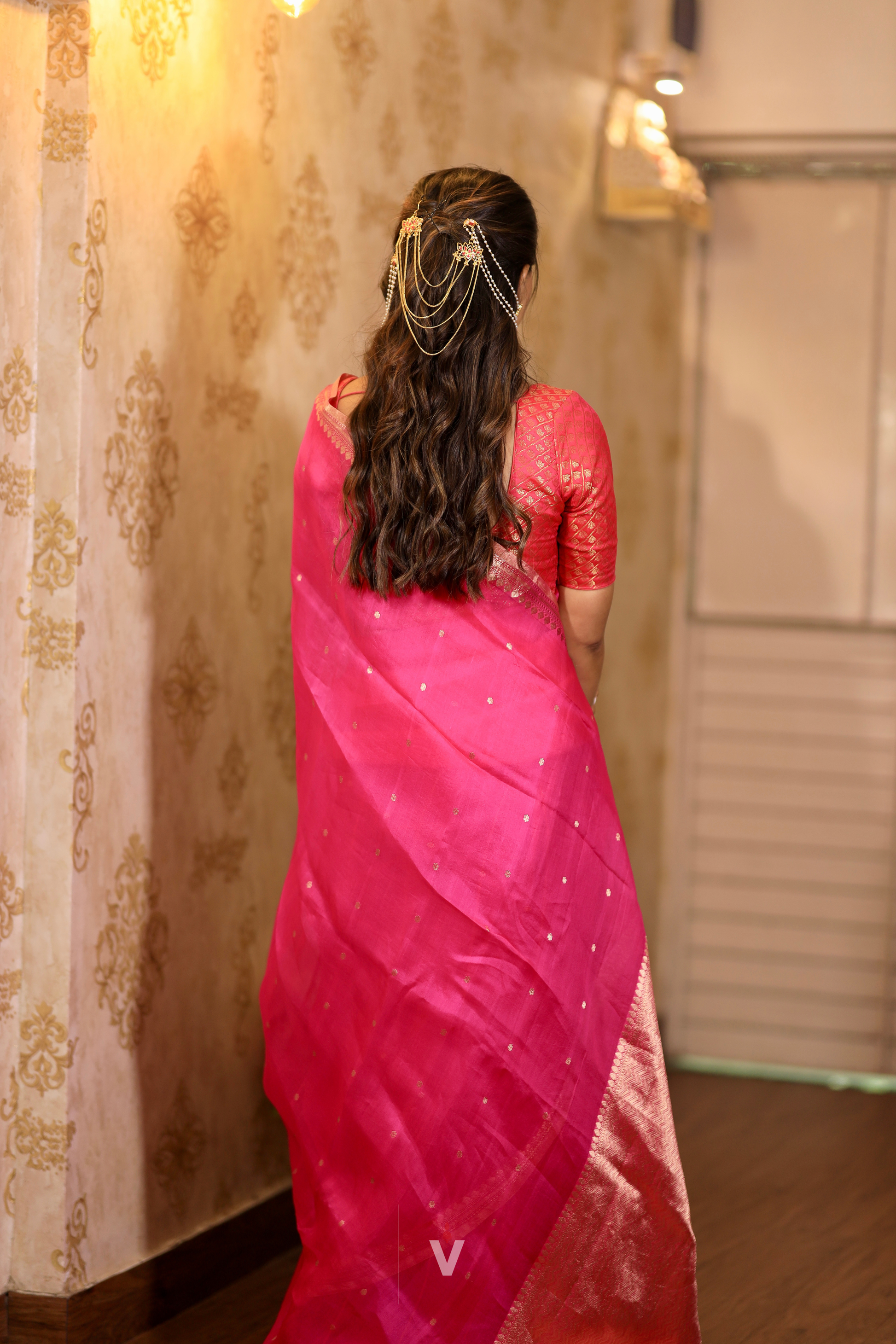 Graceful drape of Authentic Hot Pink Handloom Banarasi Saree crafted from premium Kora Silk