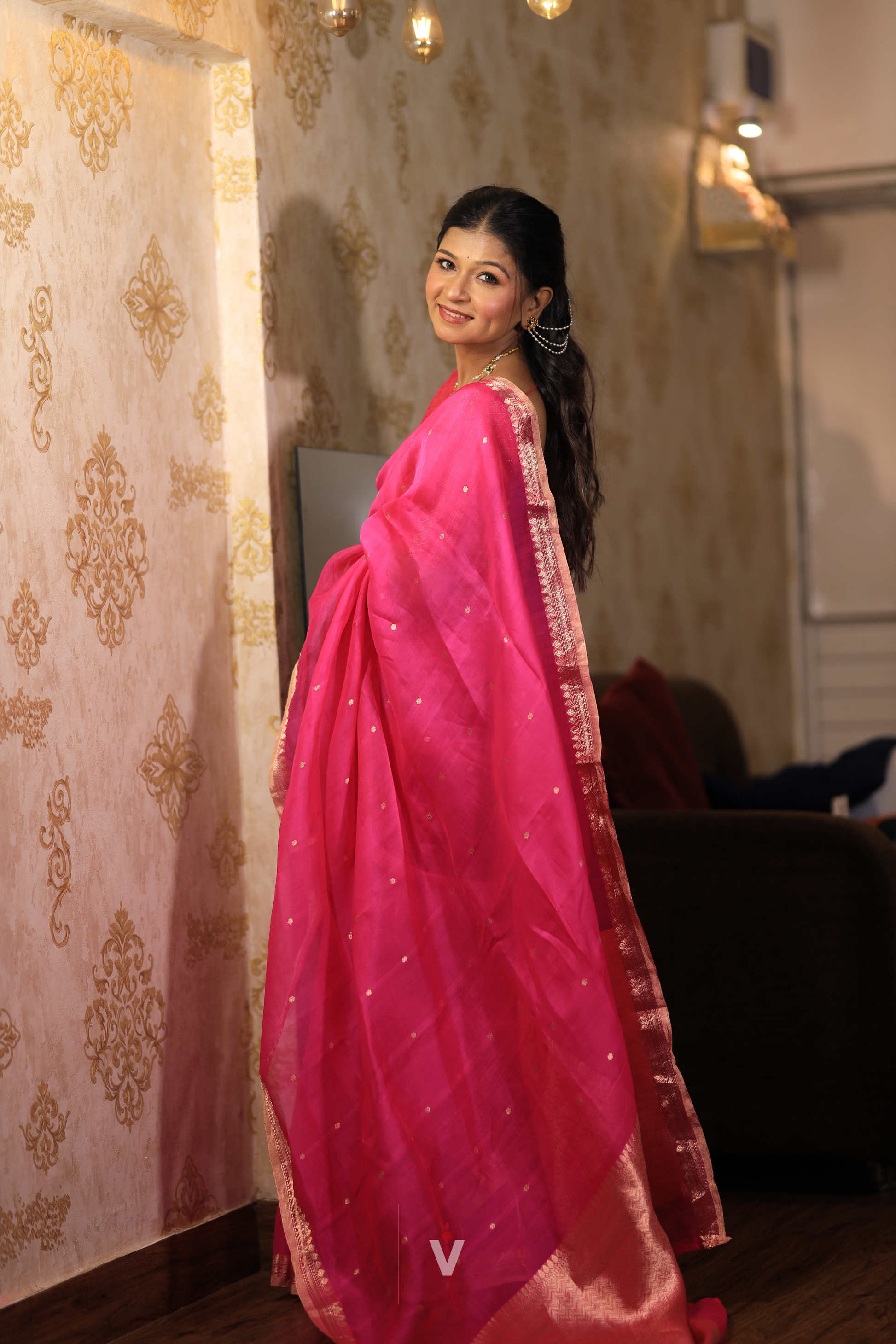 Hot Pink Kora Silk Banarasi Saree featuring lightweight handloom weave and small zari border