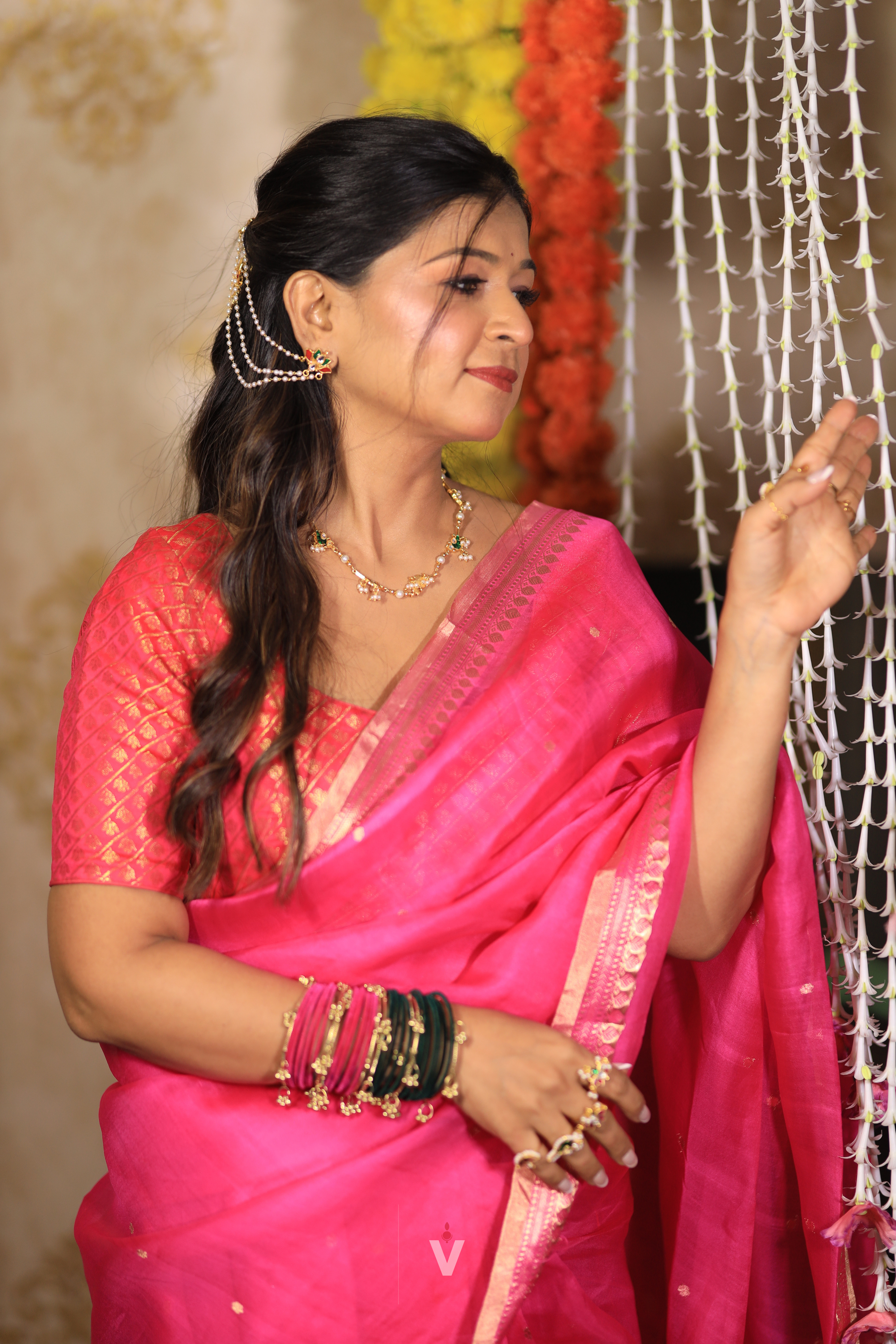 Premium Handloom Banarasi Saree in Hot Pink Kora Silk with traditional gold zari craftsmanship