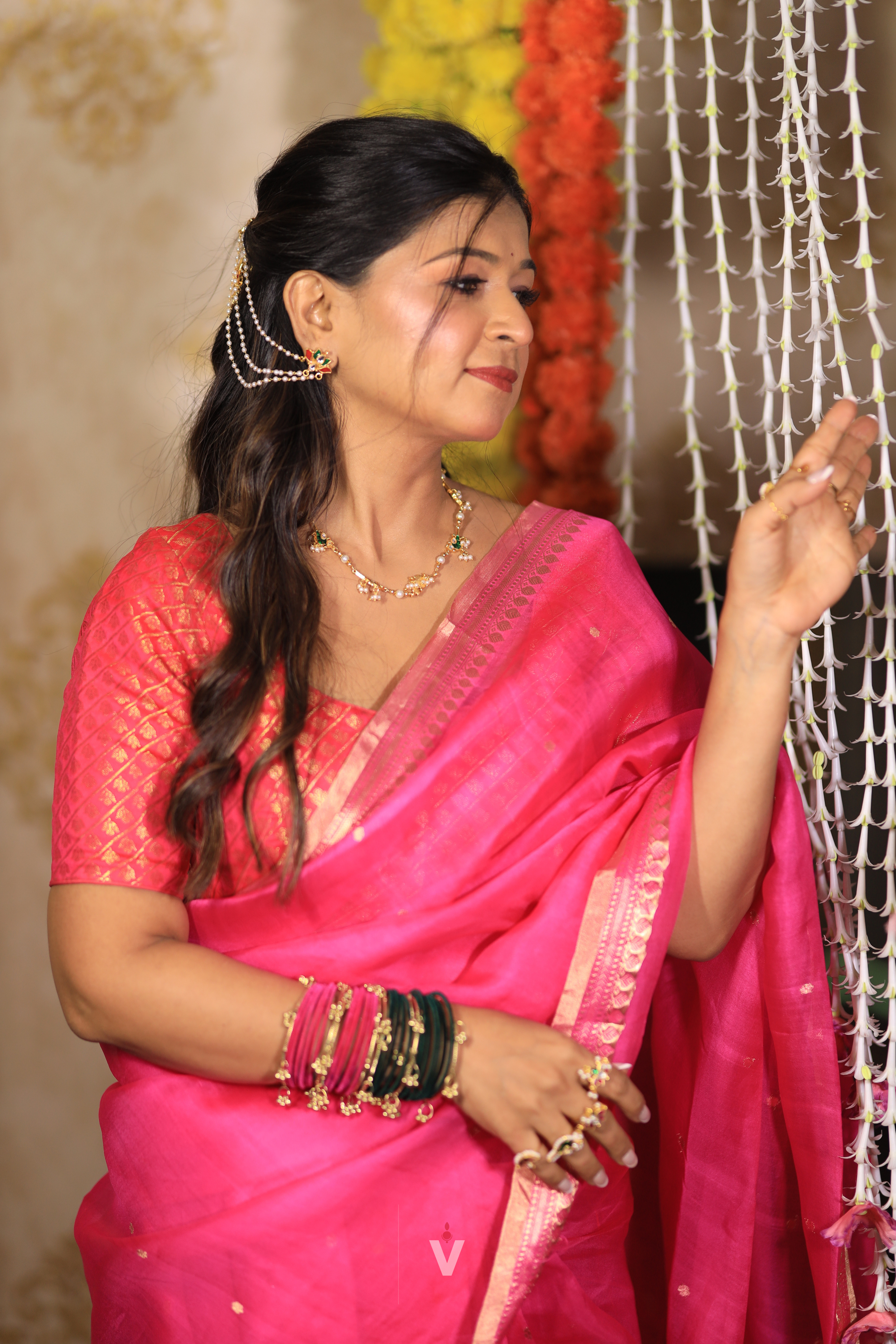 Premium Handloom Banarasi Saree in Hot Pink Kora Silk with traditional gold zari craftsmanship