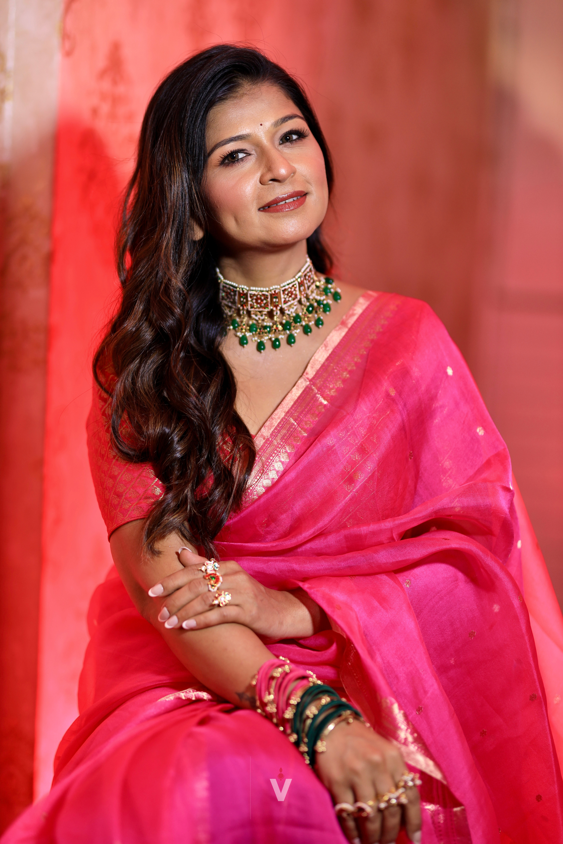 Close-up of intricate zari weaving on Hot Pink Kora Silk Handloom Banarasi Saree