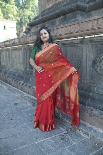 Red and Yellow Lotus Butti Handloom Maheshwari Saree