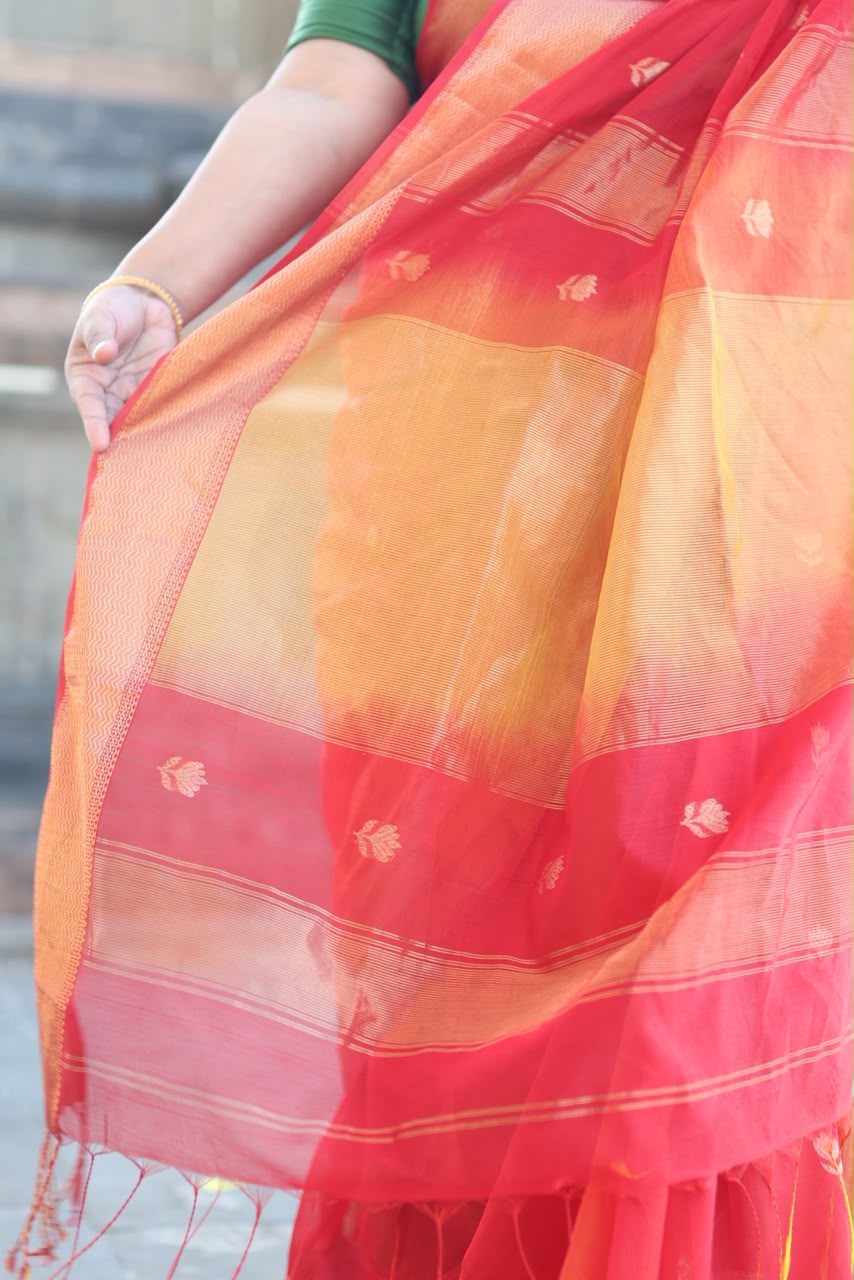 Red and Yellow Lotus Butti Handloom Maheshwari Saree