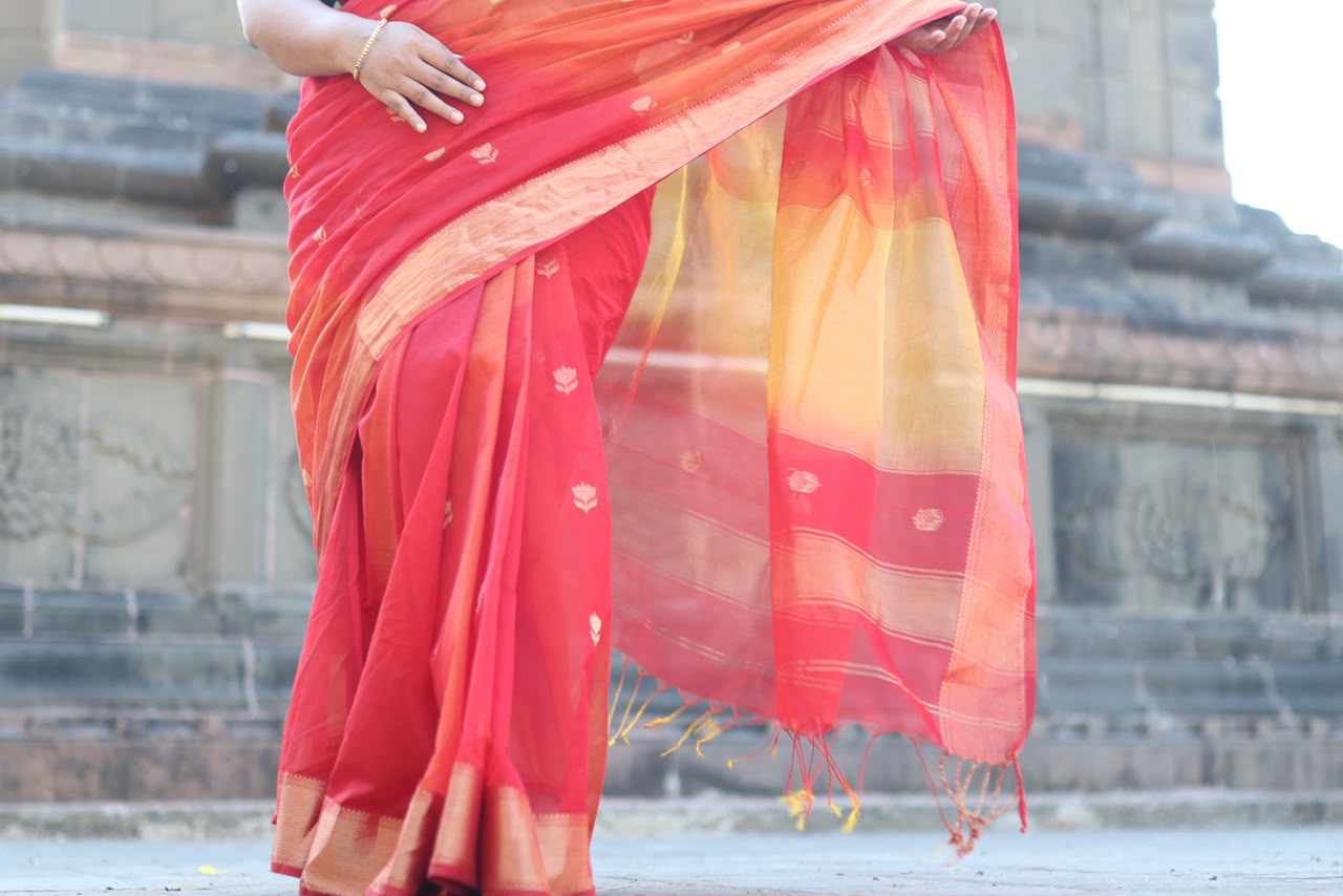 Red and Yellow Lotus Butti Handloom Maheshwari Saree