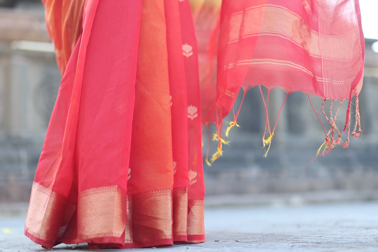 Red and Yellow Lotus Butti Handloom Maheshwari Saree