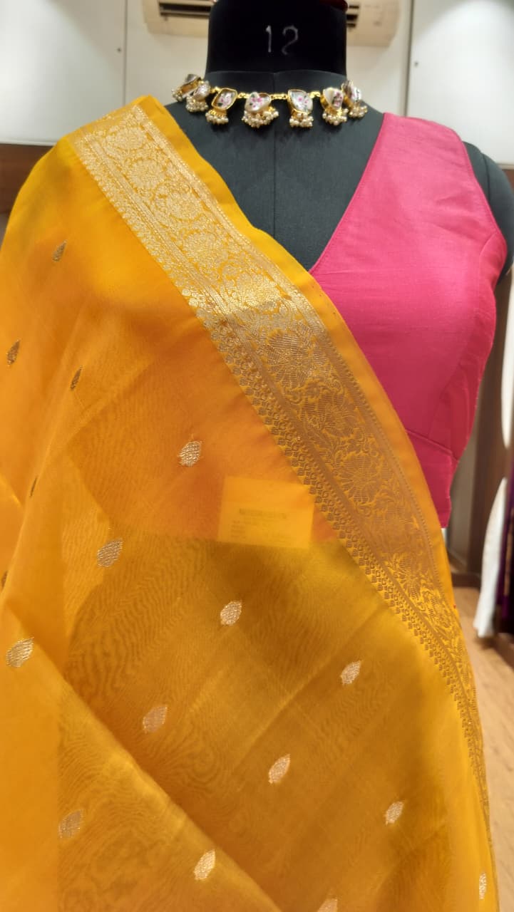 Mustard yellow Kora Silk Kadwa Sona Roopa Banarasi Saree