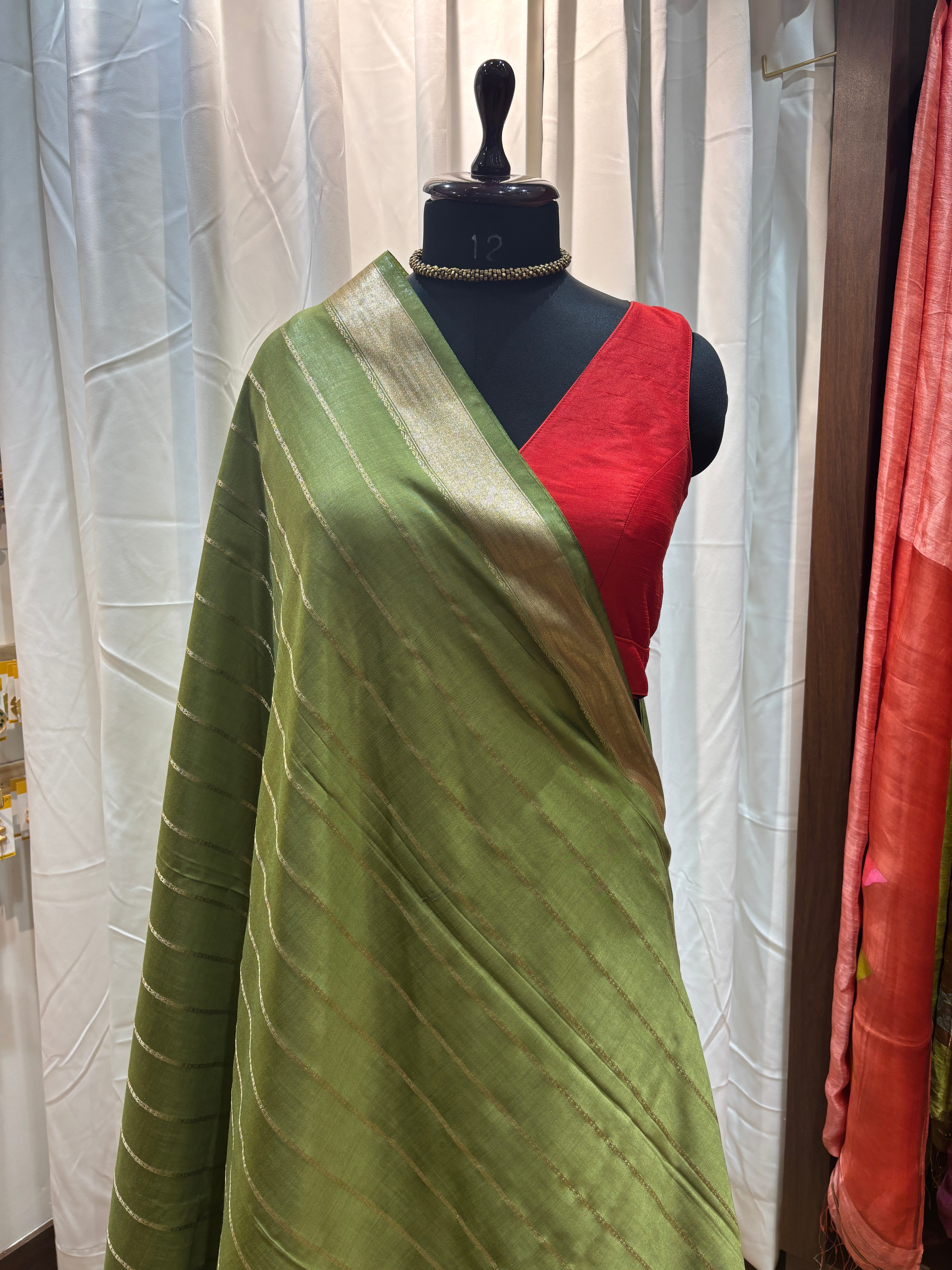 Olive Green Natural Art Silk Stripes Saree