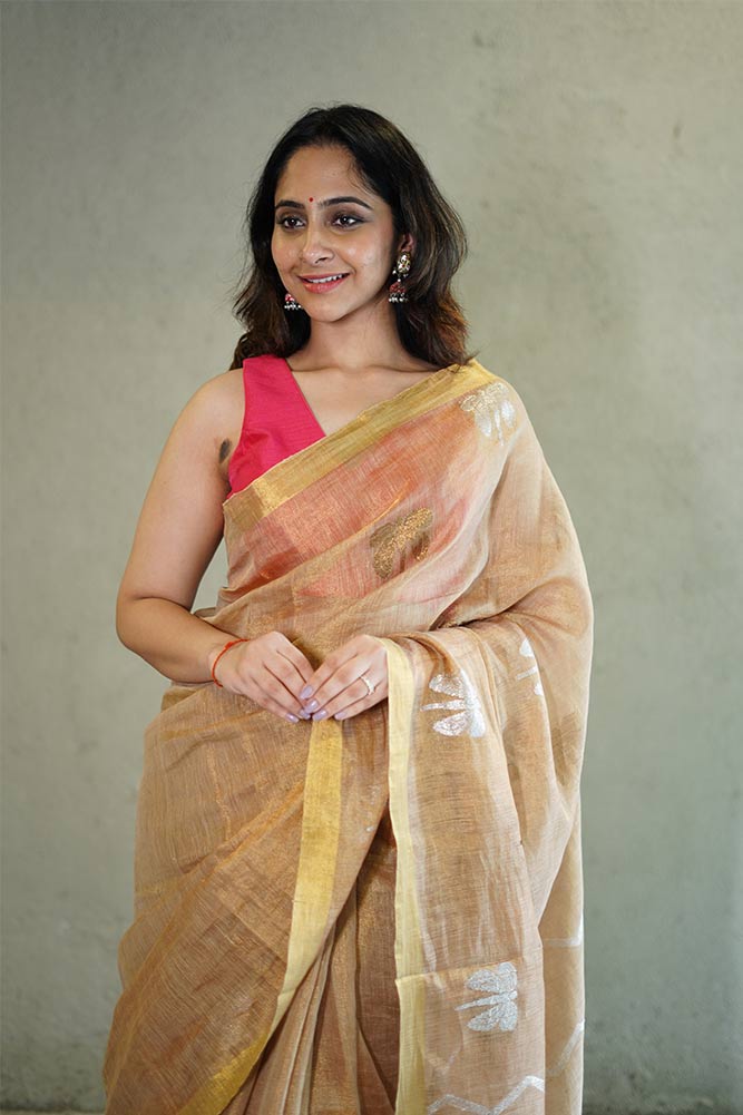Light Gold Jamdani Tissue Linen Sarees