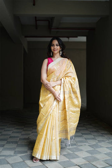 Light Gold Jamdani Tissue Linen Sarees