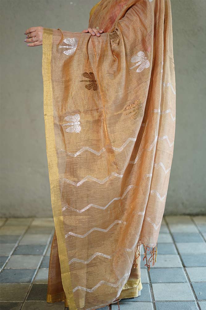 Light Gold Jamdani Tissue Linen Sarees