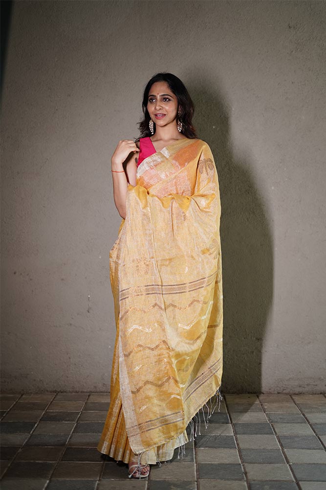 Light Gold Jamdani Tissue Linen Sarees