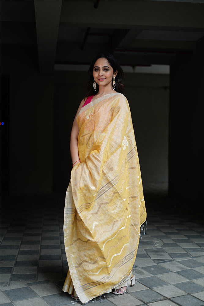 Light Gold Jamdani Tissue Linen Sarees