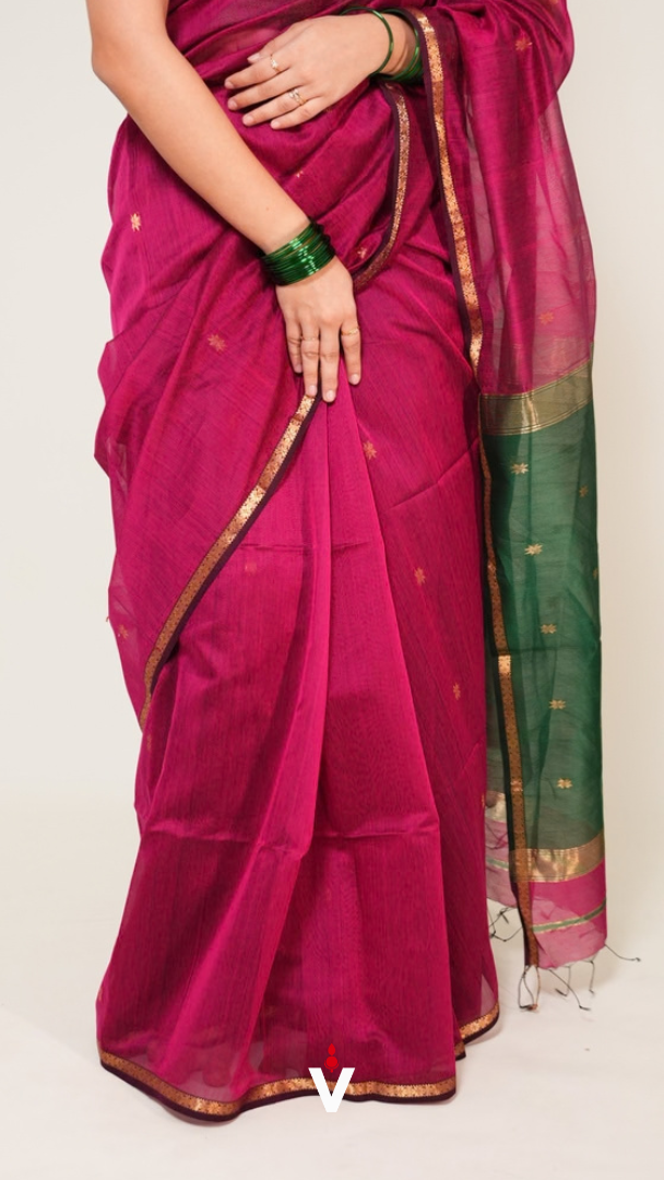 Magenta Dual Shade Handloom Maheshwari Zari Stripe Saree