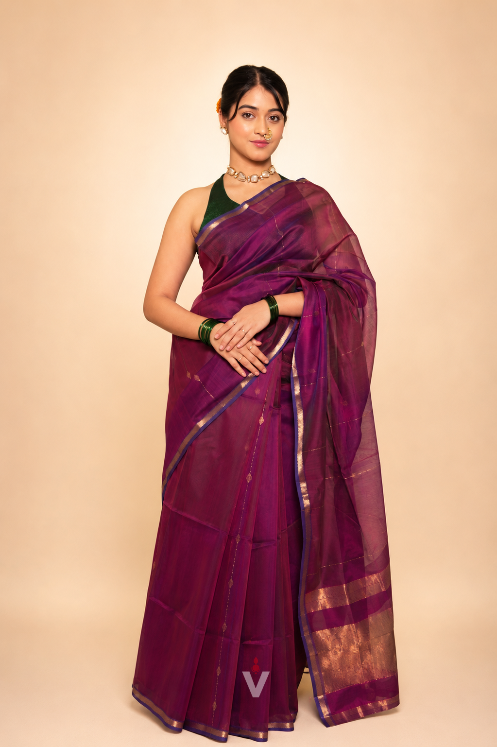 Magenta Dual Shade Handloom Maheshwari Zari Stripe Saree
