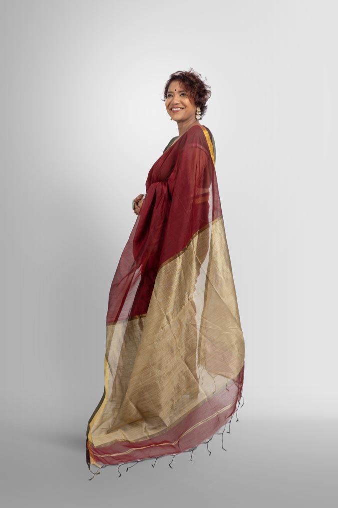 Maroon Handloom Cotton Silk Saree with Ghicha Pallu and Gold Zari Border