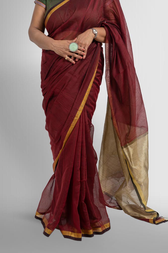 Maroon Handloom Cotton Silk Saree with Ghicha Pallu and Gold Zari Border